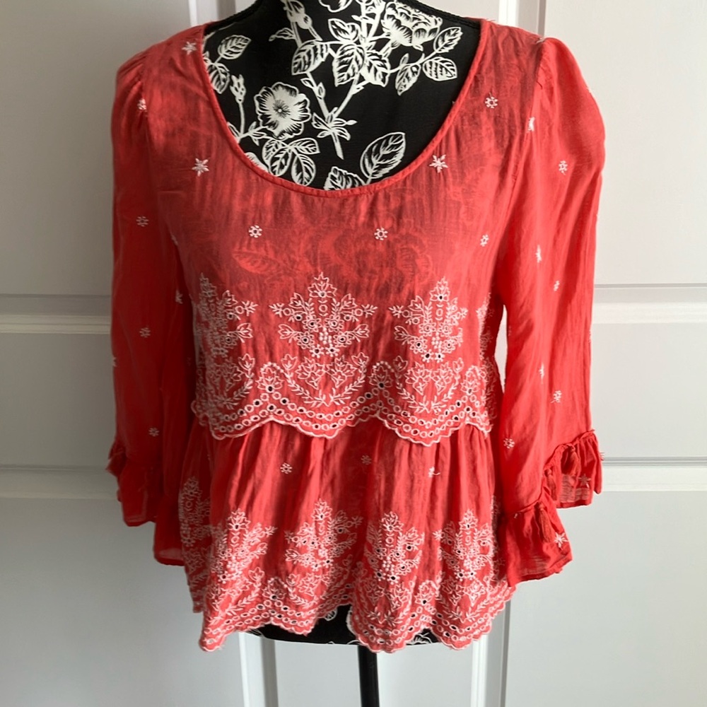American Eagle Outfitters Pink Bell Sleeve Tiered Blouse